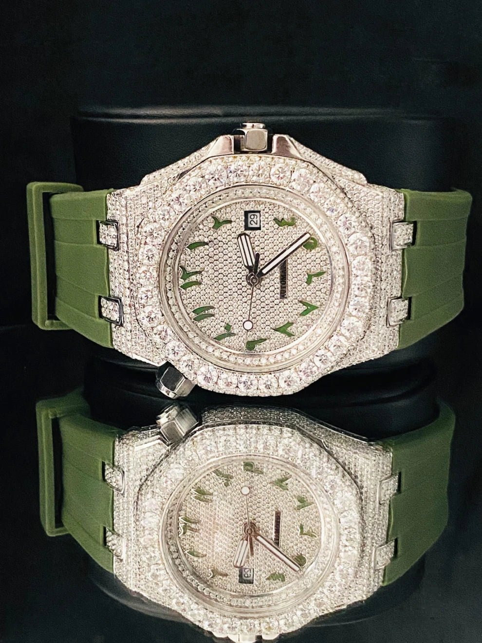 Iced Out VVS Moissanite Watch With Green Silicon Straps