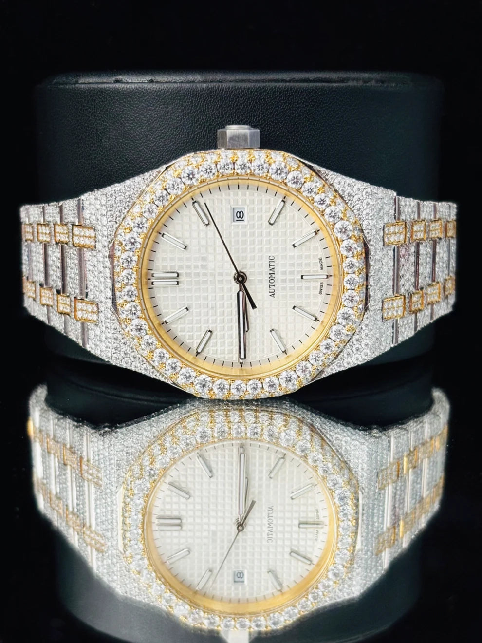 White Dial Two Tone Moissanite Diamond Studded Watch