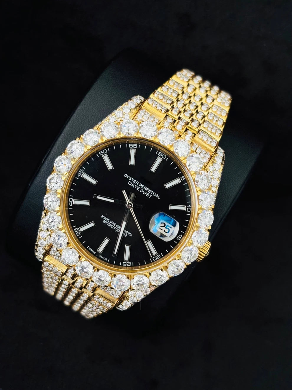 41MM Black Dial White Bar Iced Out Moissanite Watch
