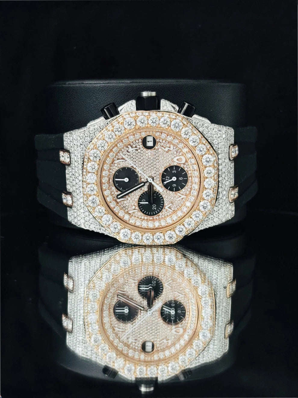 Black Rubber Straps Chronograph Moissanite Iced Out Watch