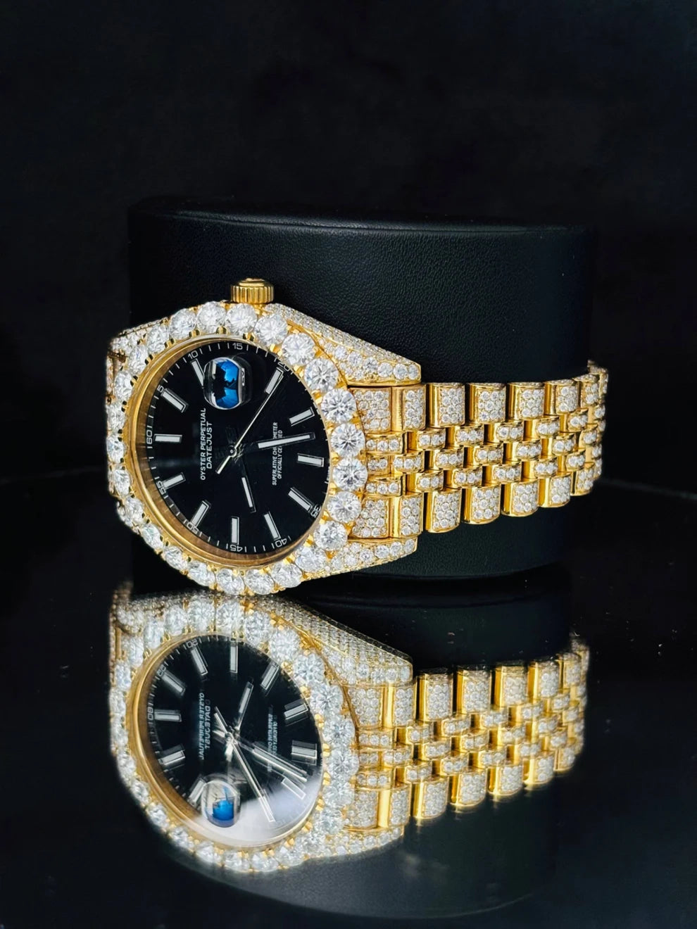 41MM Black Dial White Bar Iced Out Moissanite Watch