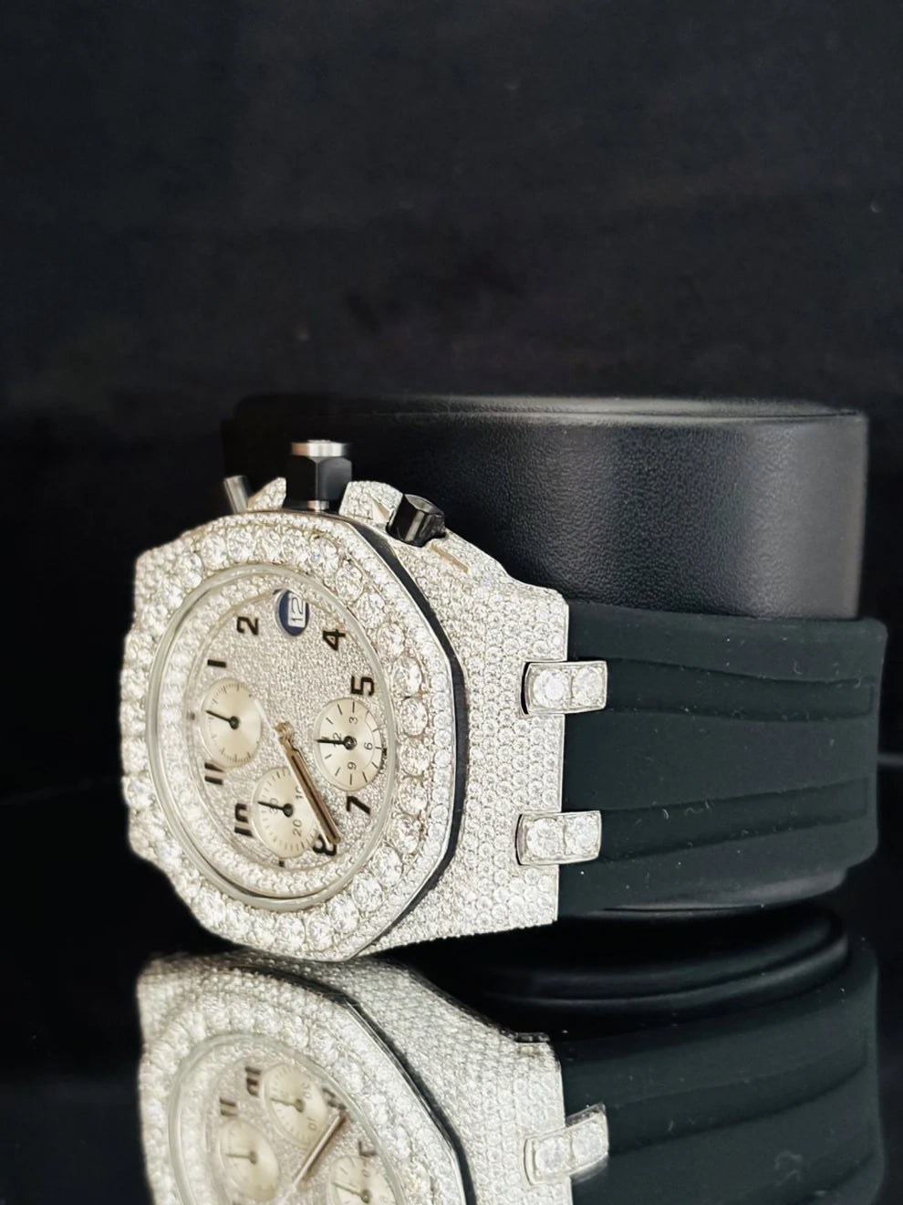 Men's Black Silicon Strap Chronograph Moissanite Watch