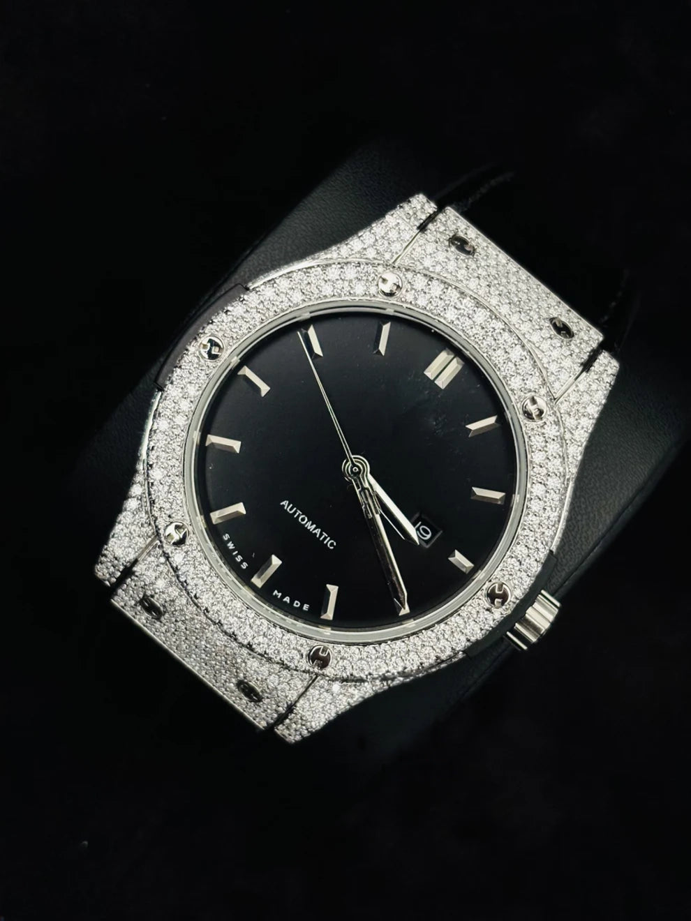 Black Dial Moissanite Wrist Watch With Black Leather Belt