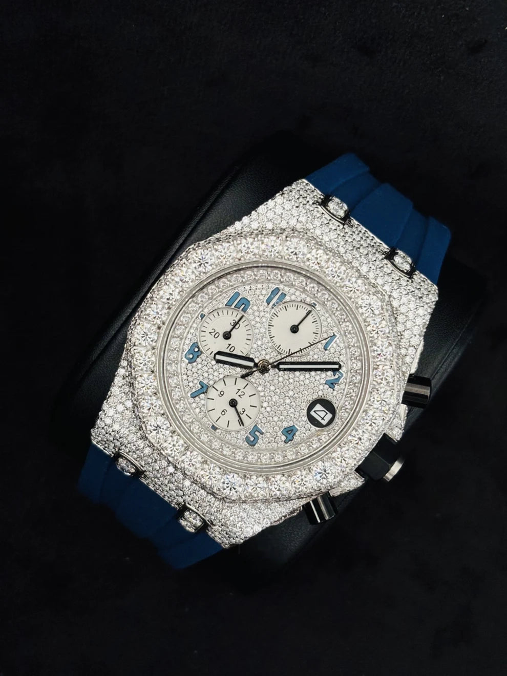 Chronograph Blue Silicon Strap Moissanite Diamond Watch