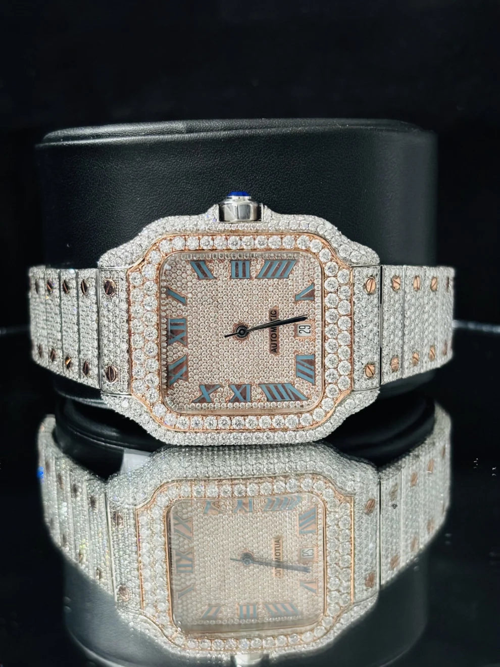 Two Tone Sky Blue Roman Number Moissanite Watch