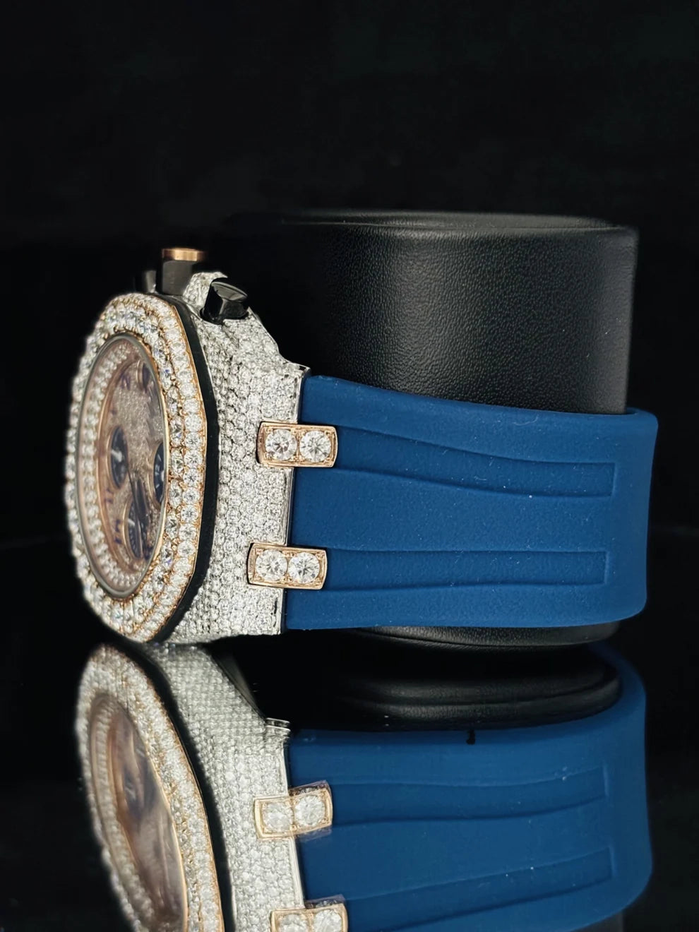 Blue Chronograph Face Dial Rubber Strap Moissanite Watch