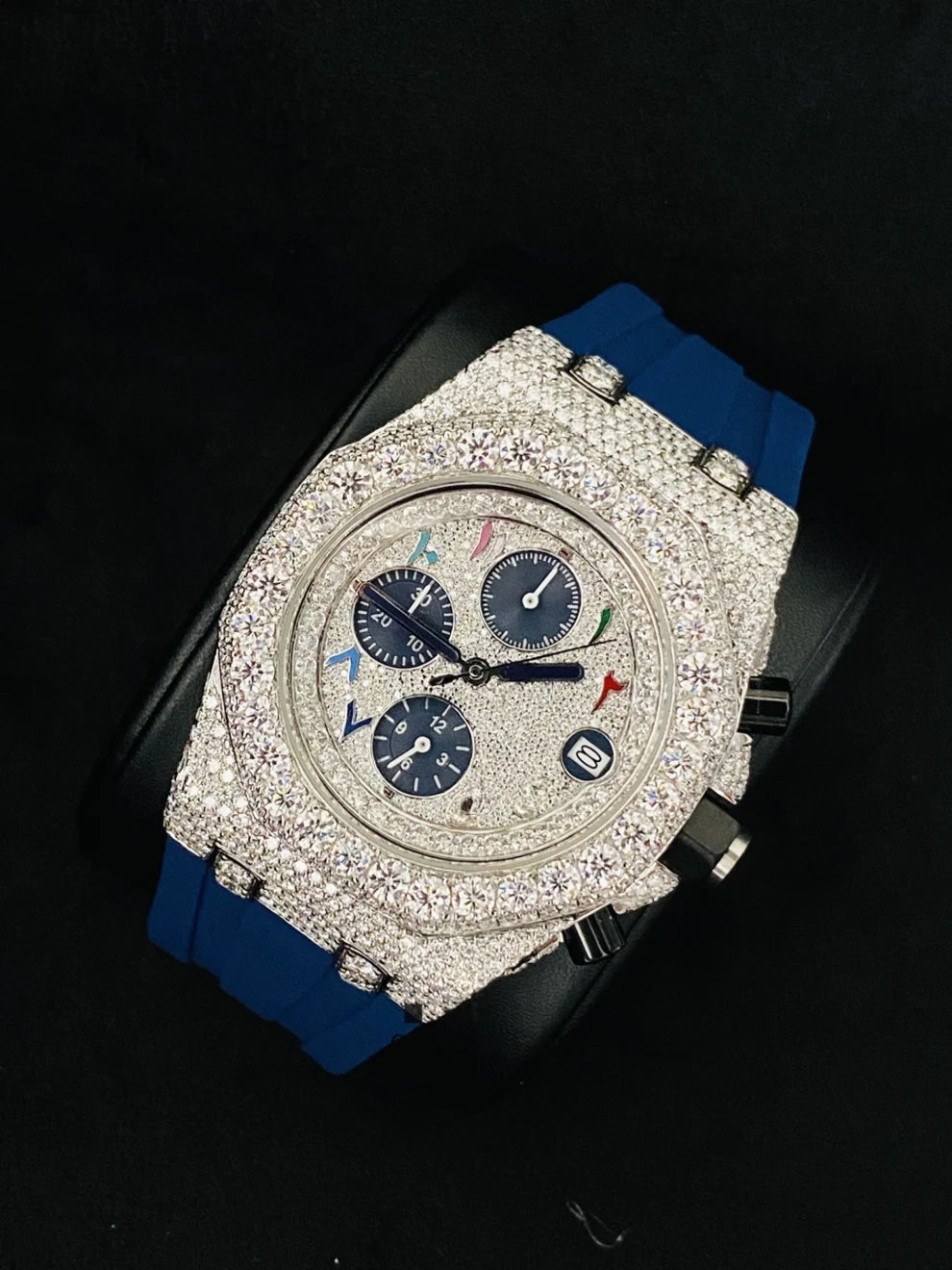 Colorful Arabic Number Blue Rubber Strap Moissanite Watch