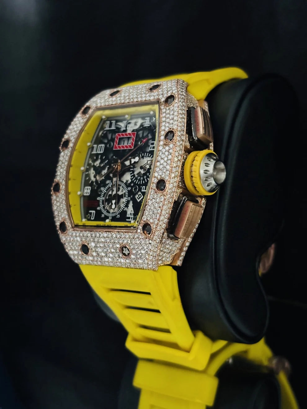 Skeleton Dial Yellow Rubber Strap Moissanite Watch For Men