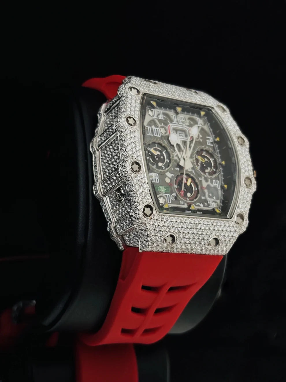 Red Silicon Ice Out Skeleton Dial Moissanite Rappers Watch