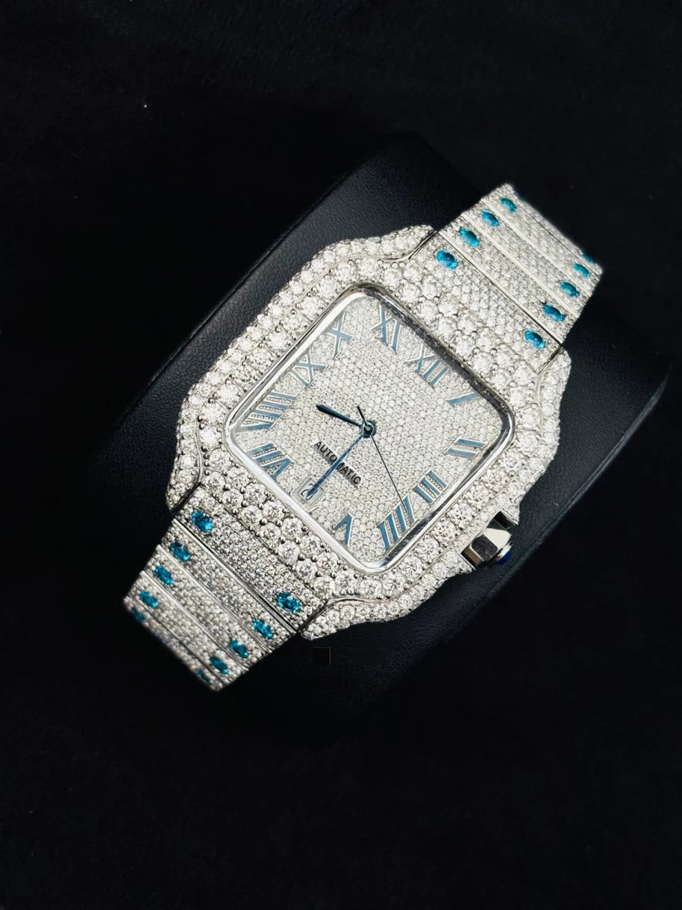 Men Sky Blue Roman Number Fully Studded Moissanite Watch