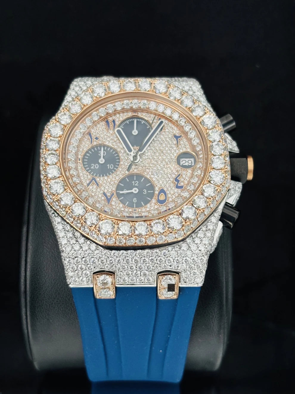Rose Gold Plated Arabic Number Chronograph Moissanite Watch