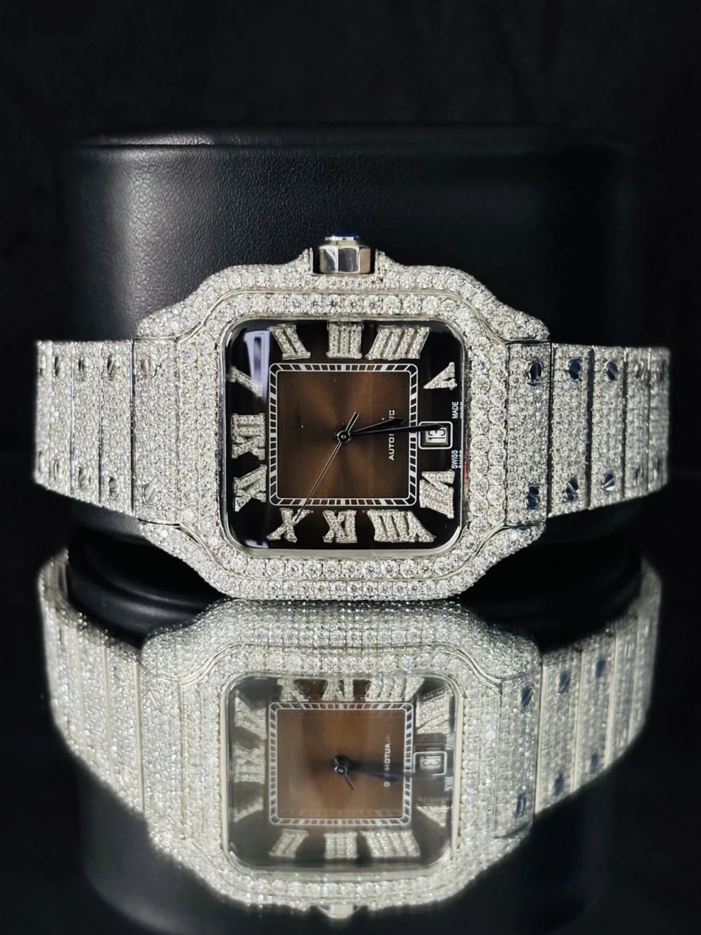 Chocolate Dial Roman Number Hip Hop Moissanite Watch