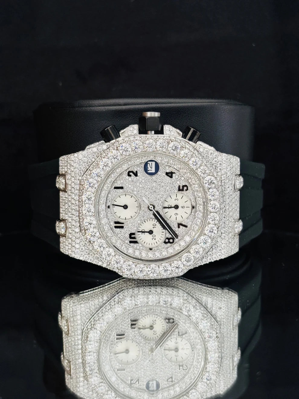 Men's Black Silicon Strap Chronograph Moissanite Watch