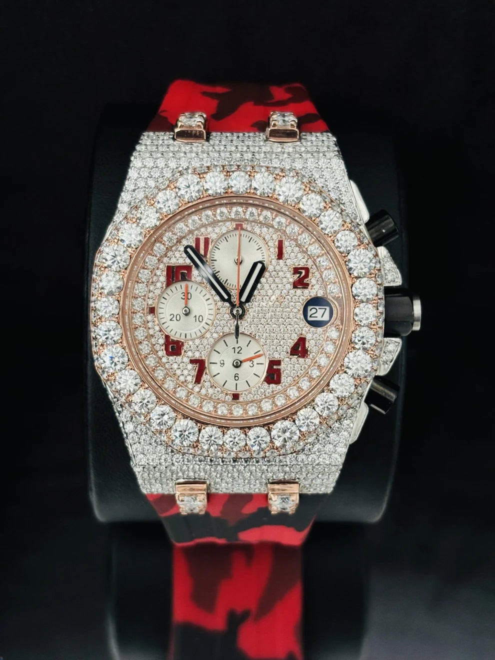 Red Army Silicon Band Multi Chronograph Moissanite Stone Watch