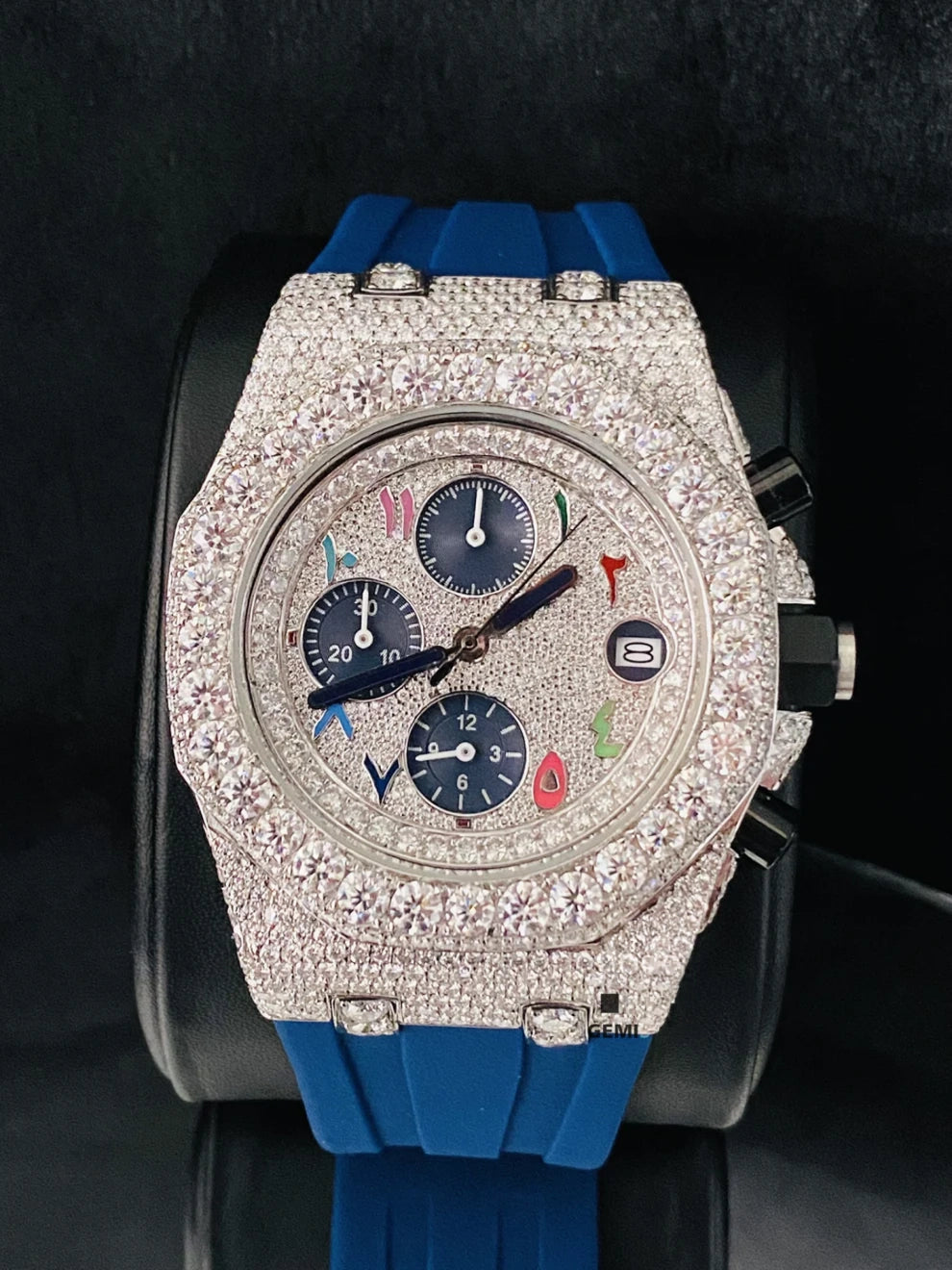 Colorful Arabic Number Blue Rubber Strap Moissanite Watch