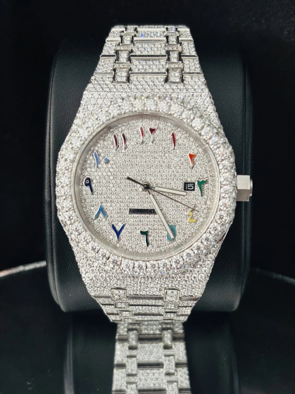Fully Iced Out Colorful Arabic Dial VVS Moissanite Watch