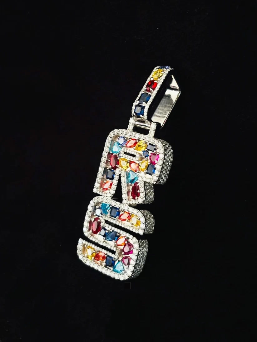 925 silver multi-shape fancy stone and moissanite hip-hop initial letter pendant