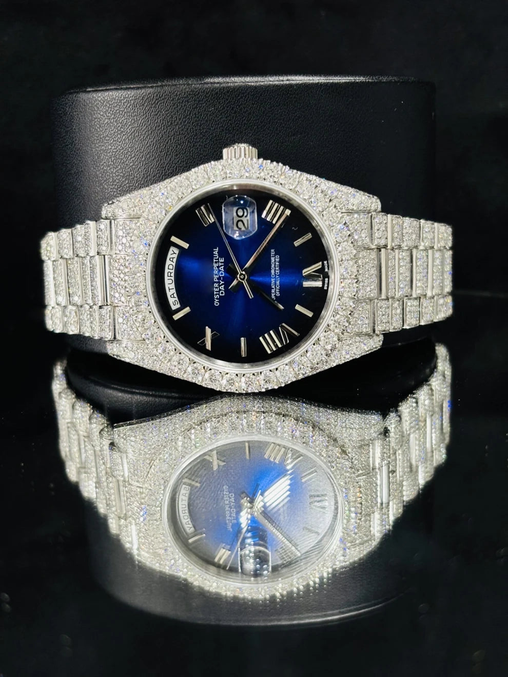 Roman Number Royal Blue Dial Moissanite Rapper Watch