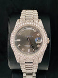 Rolex Day-Date Oyster Perpetual watch fully iced out with diamonds and a grey dial