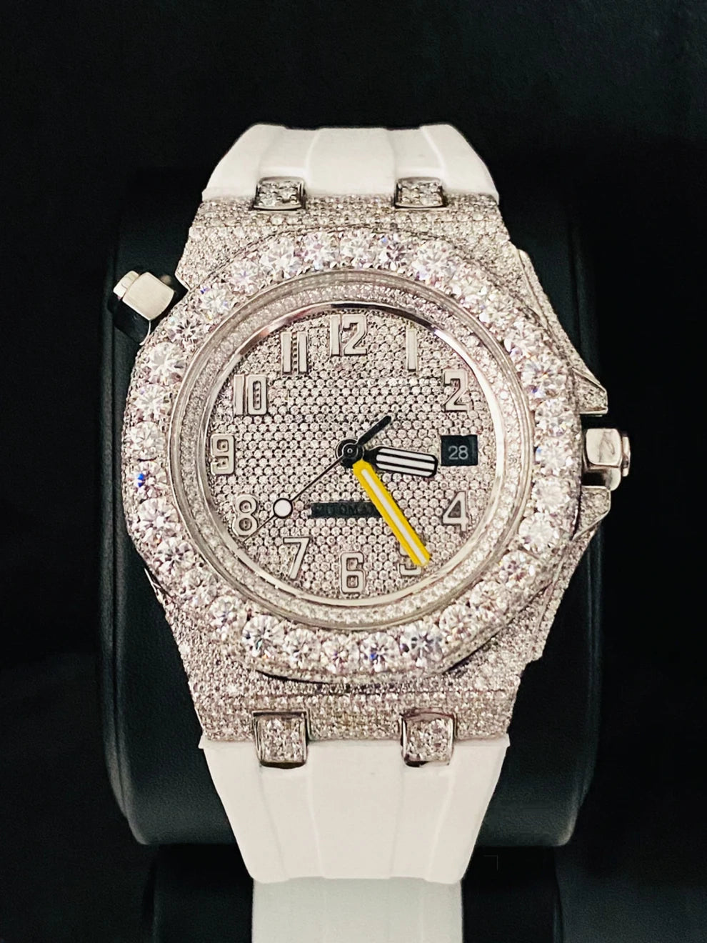 Big Bezel Iced Out Moissanite White Silicon Belt Watch