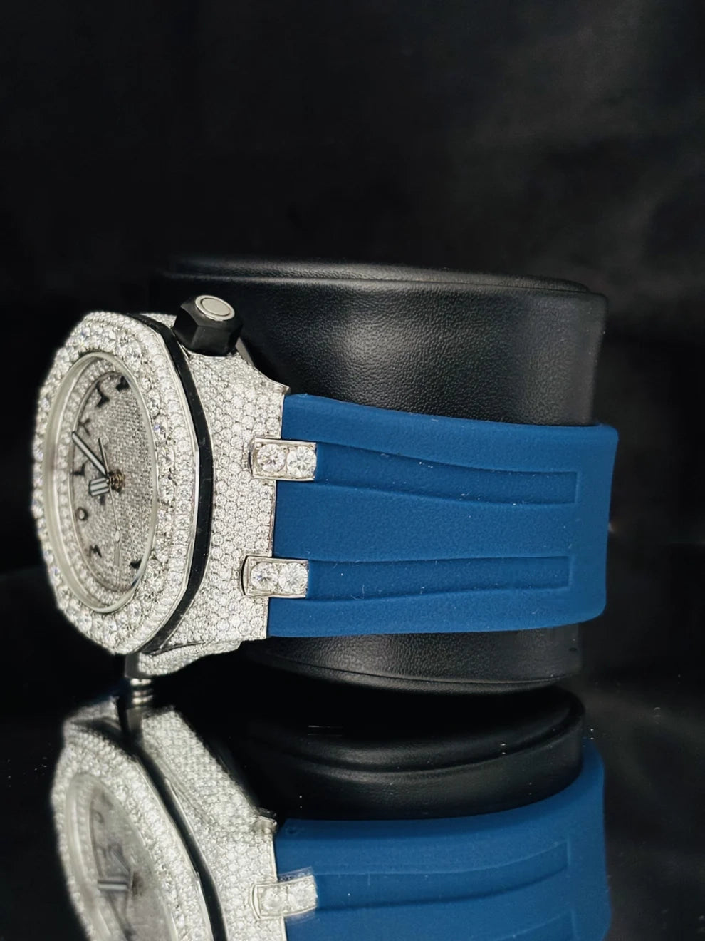 Arabic Number Big Bezel Blue Silicon Strap Moissanite Watch