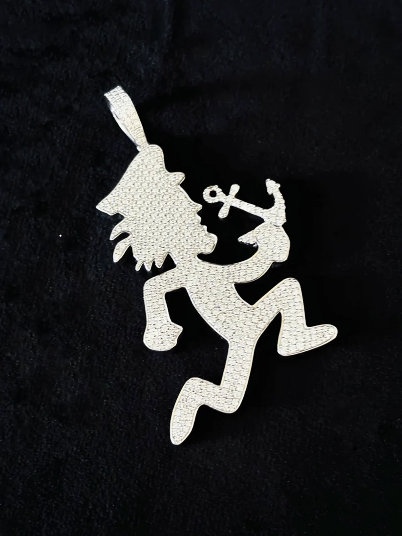 Iced-out silver Hatchetman pendant with anchor hip-hop jewelry charm set with white lab diamonds.