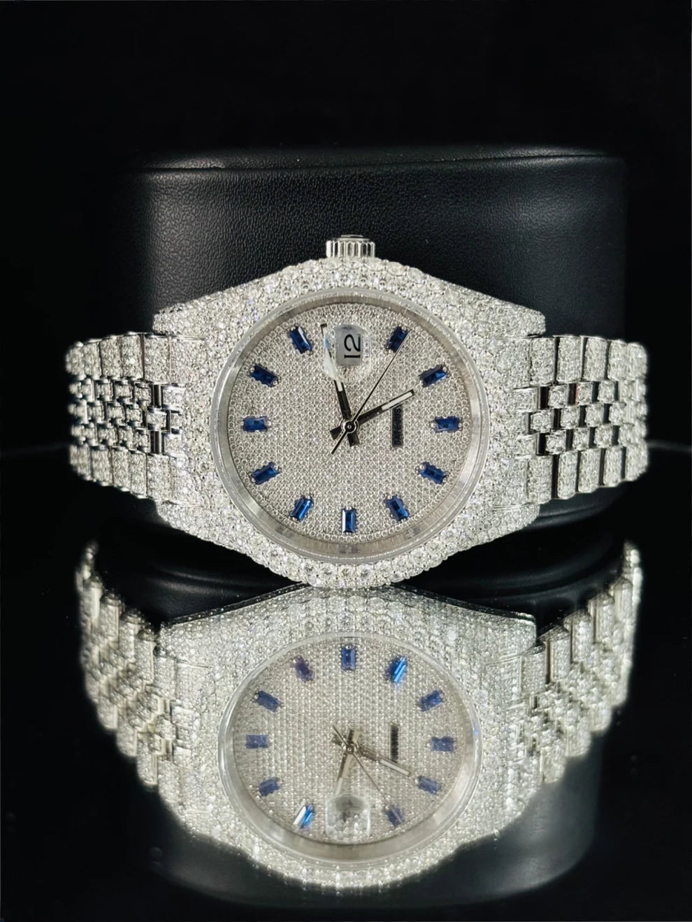 Blue Baguette Bar Jubilee Strap Studded Moissanite Watch
