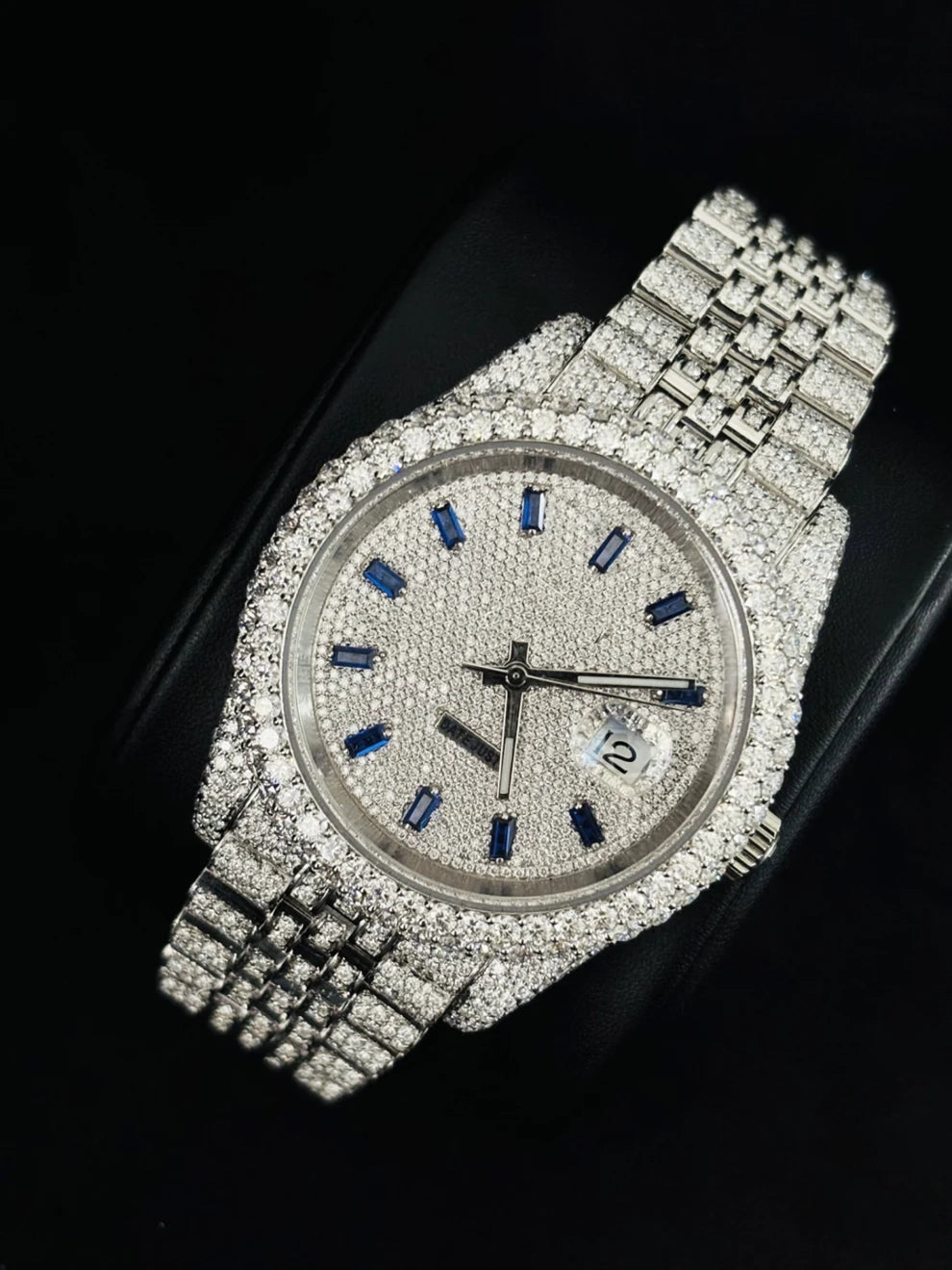 Blue Baguette Bar Jubilee Strap Studded Moissanite Watch