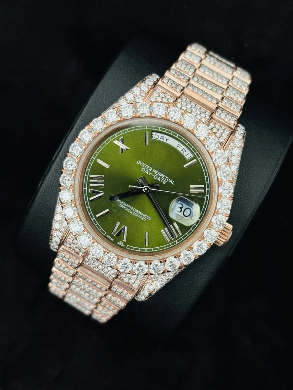 Green Dial Roman Number Iced Out Moissanite Hip Hip Watch