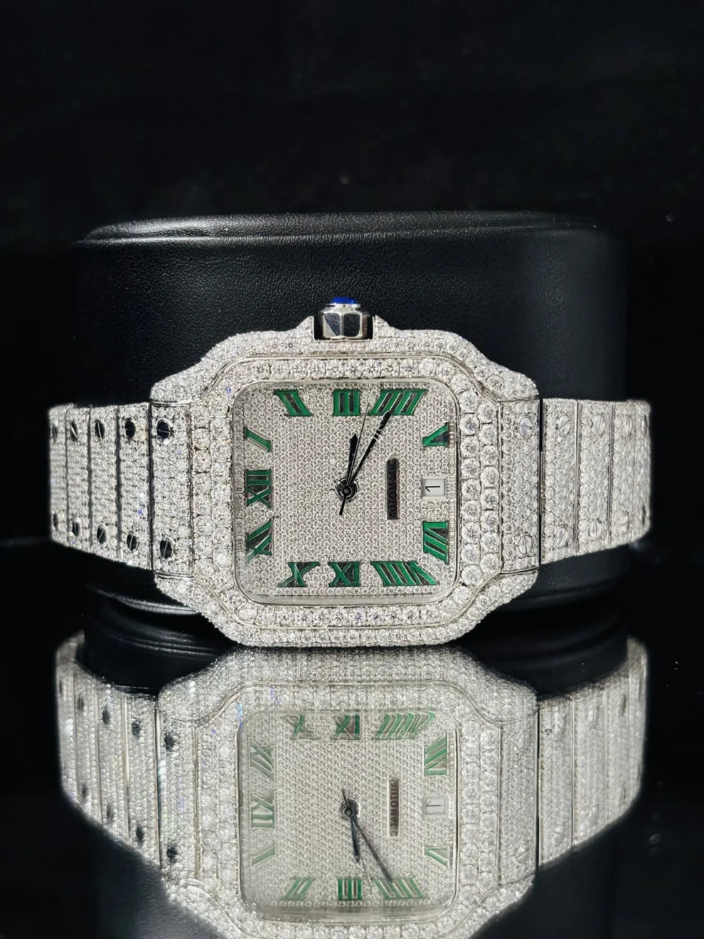 Green Roman Number Fully Studded Moissanite Watch