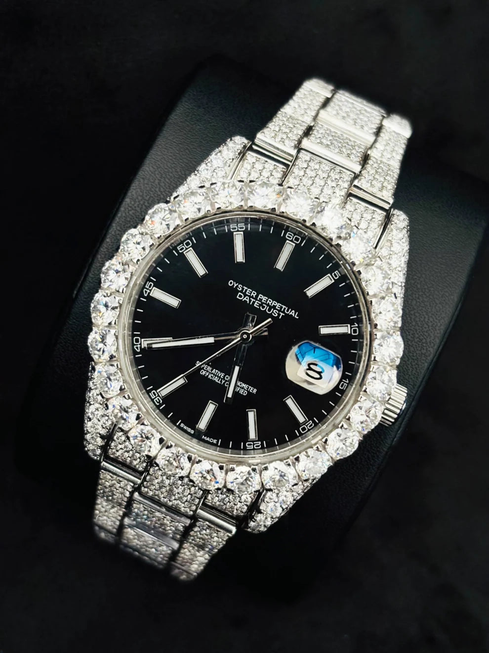 41MM Big Bezel White Bar Black Dial Moissanite Watch