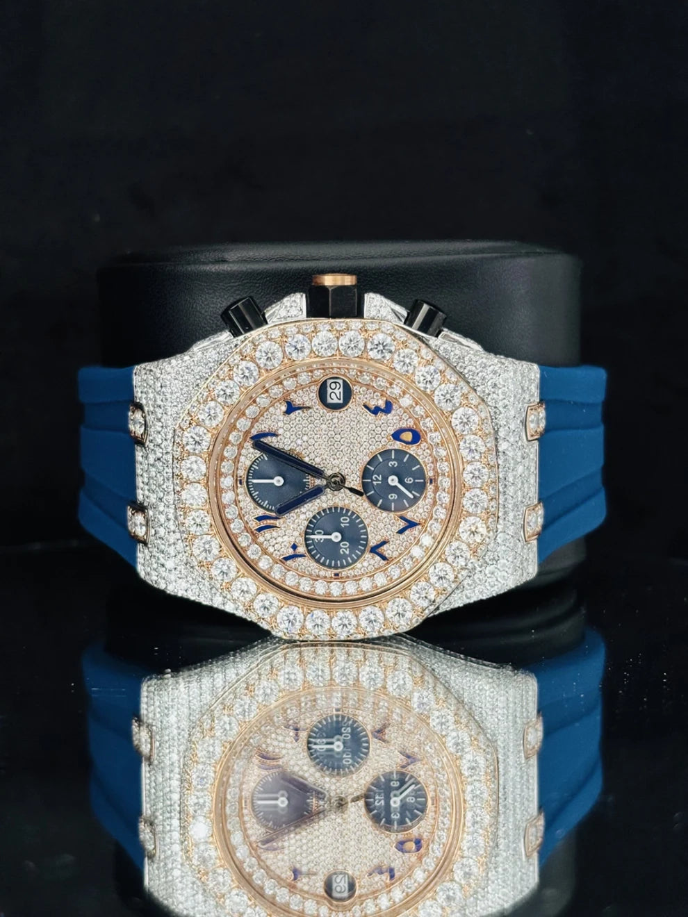 Rose Gold Plated Arabic Number Chronograph Moissanite Watch