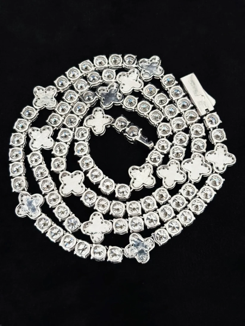 10MM Silver Round Four Leaf Clover Tennis Moissanite Chain For Men