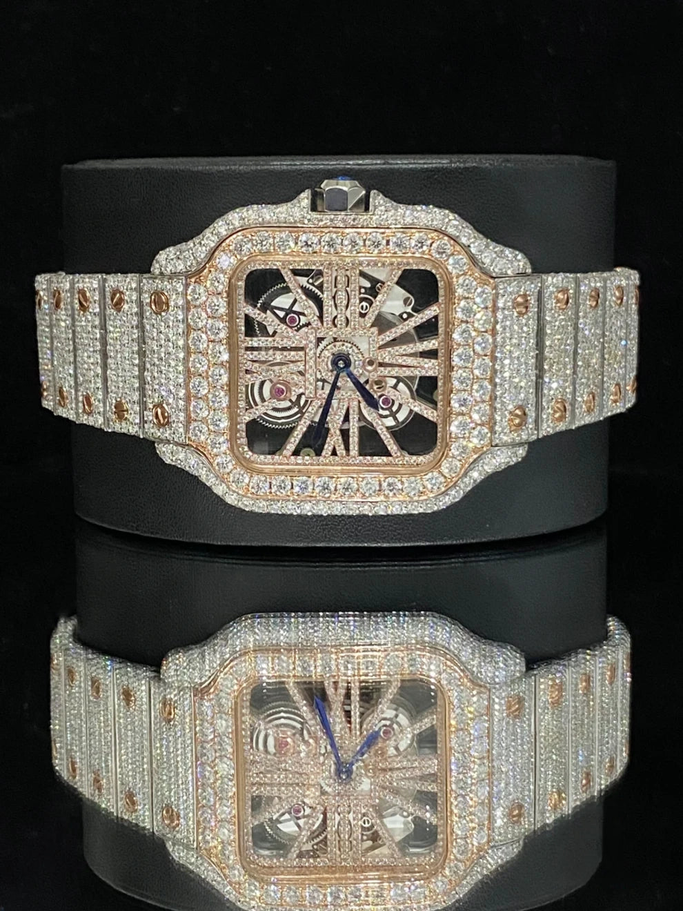 Men Dual Tone Fully Ice Out Skeleton Moissanite Watch