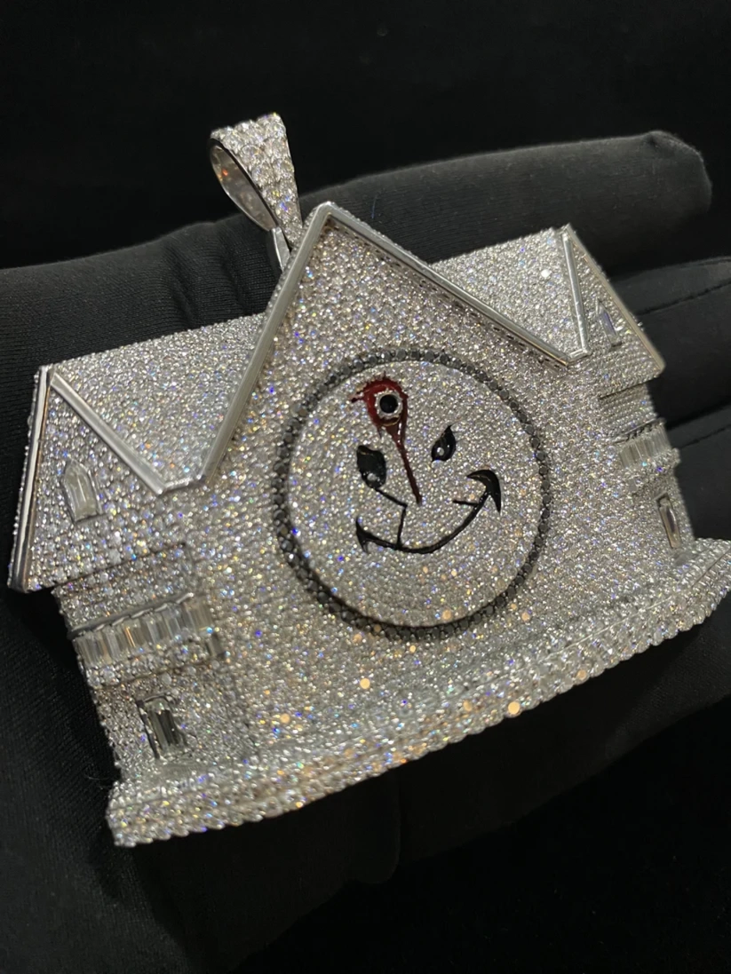 Custom diamond hip hop house pendant with iced out iced smiley face design, silver pavé chain charm jewelry.