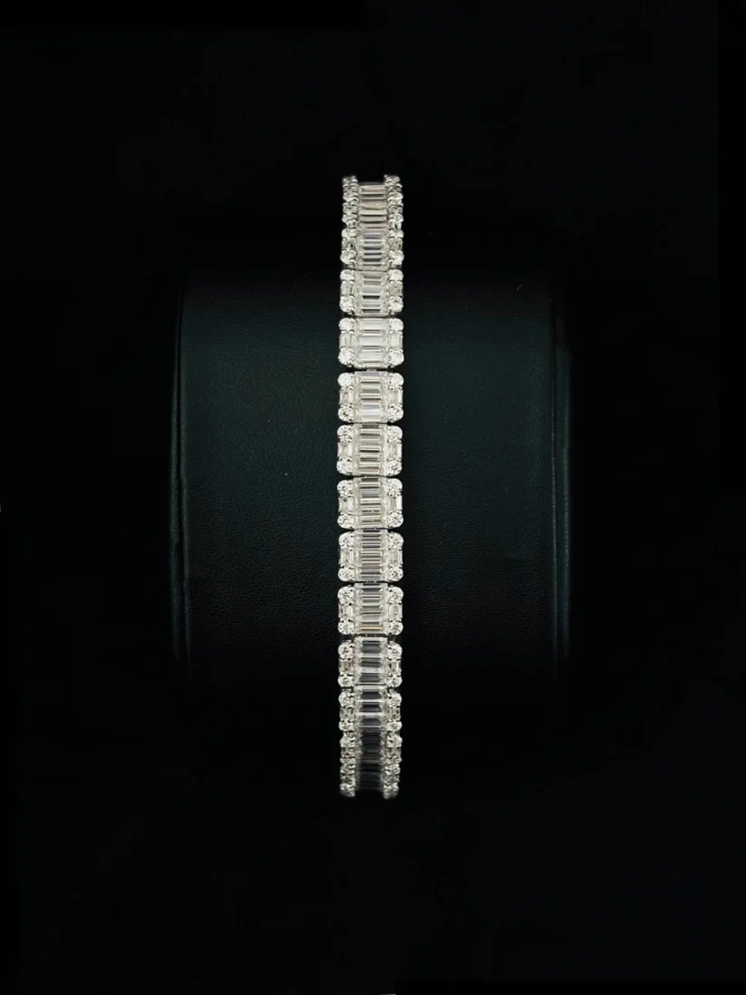 Silver luxury diamond tennis bracelet featuring square composite links set with baguette-cut stones