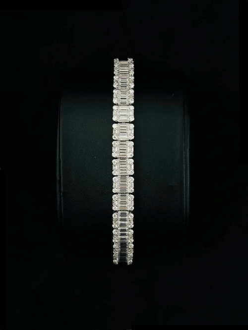 Silver luxury diamond tennis bracelet featuring square composite links set with baguette-cut stones
