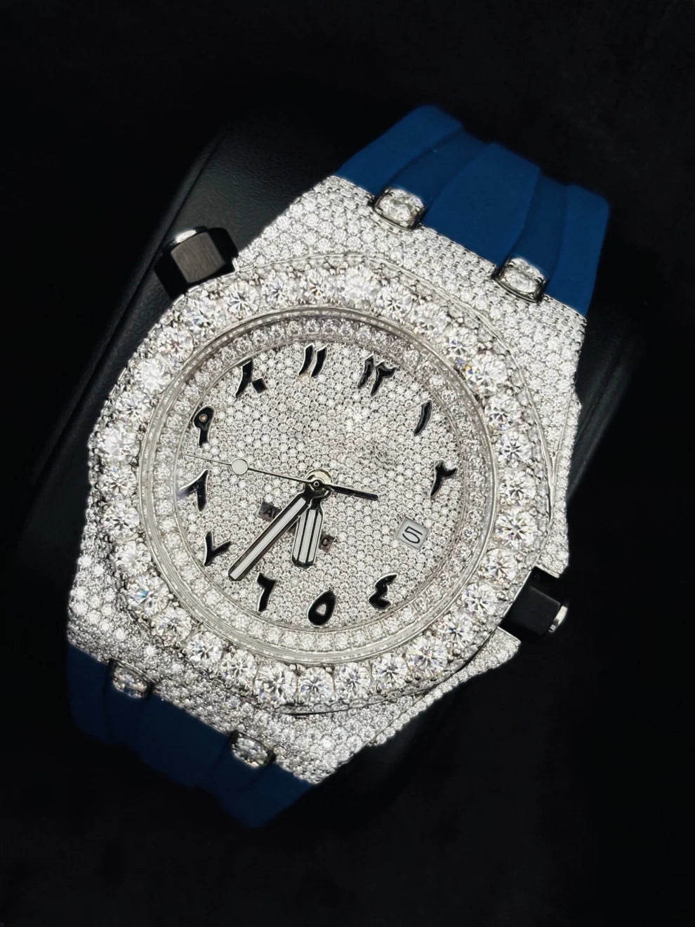 Arabic Number Big Bezel Blue Silicon Strap Moissanite Watch