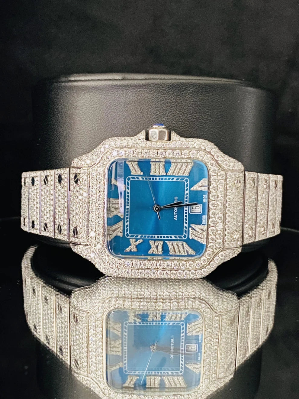 Roman Number Aqua Blue Dial Ice Out Moissanite Watch