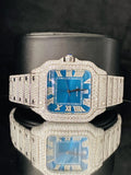 Roman Number Aqua Blue Dial Ice Out Moissanite Watch