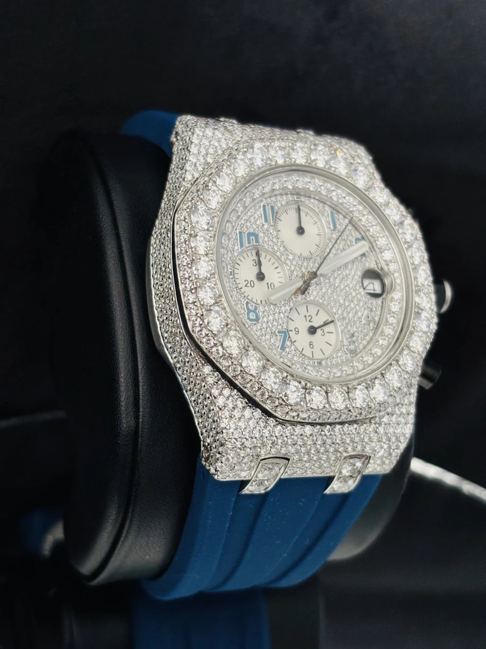 Chronograph Blue Silicon Strap Moissanite Diamond Watch