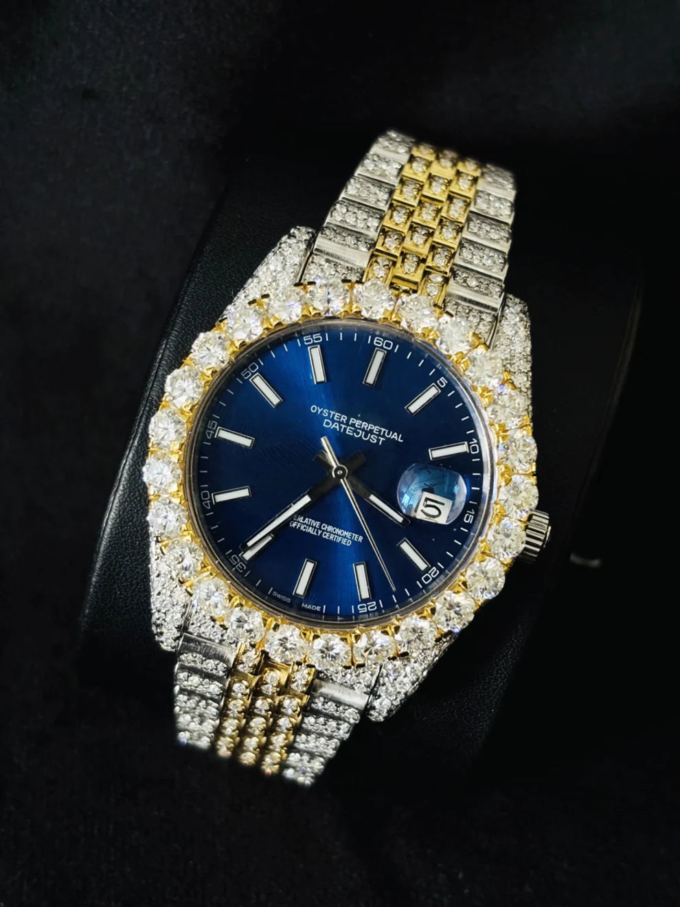 41MM Two Tone Blue Dial Studded Iced Out Moissanite Watch