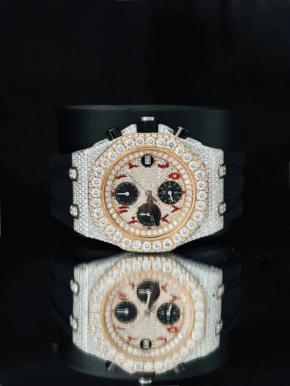 Red Arabic Number Moissanite Watch With Black Silicon Straps