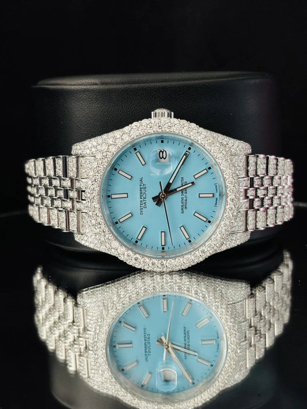 Luxury Men's Stainless Steel Sky Blue Dial Iced Out Watch