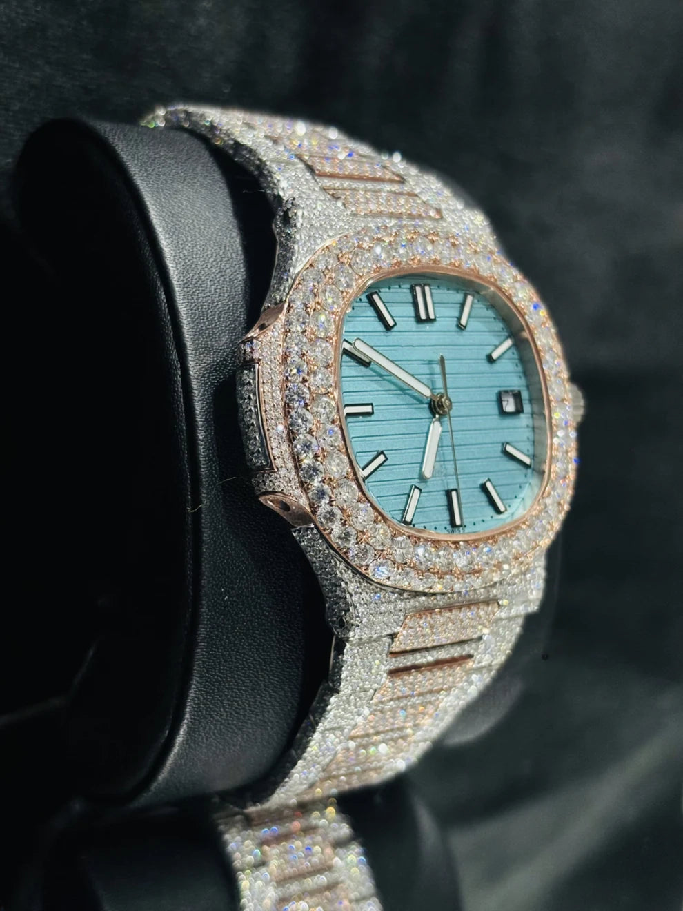 41MM Dual Tone Sky Blue Dial Iced Out Moissanite Watch