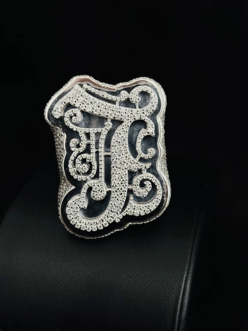 front view Men's diamond initial F ring in white gold, iced out custom alphabet letter statement ring.