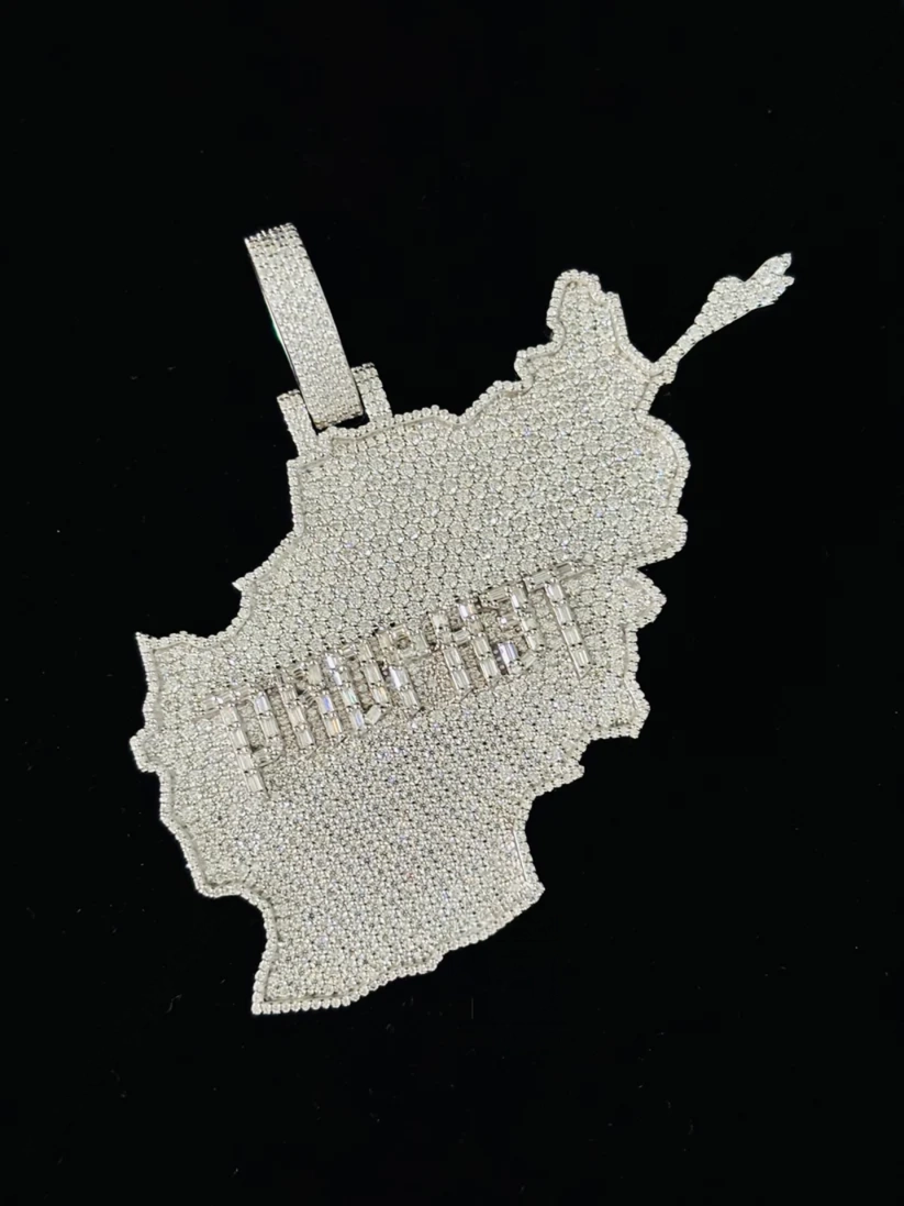 front view Silver iced-out Afghanistan map pendant necklace with pavé diamonds.