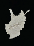 front view Silver iced-out Afghanistan map pendant necklace with pavé diamonds.