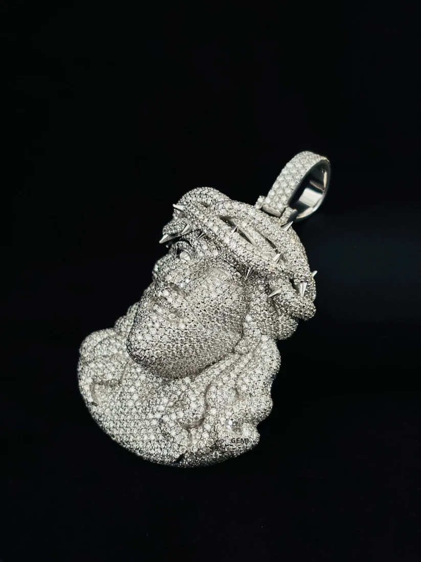 side view Iced out white gold Jesus piece pendant fully iced with diamonds