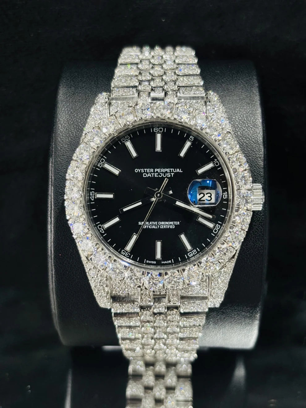 Jubilee Strap Black Dial Bust Down Moissanite Wrist Watch